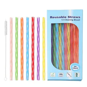 Reusable Stirrer Straws, Straw Cleaner Brush, Short Assorted color Plastic Straws fit for Milk & Juice & Coffee & Smoothies & Cocktail & Kids Straws Kit (24Count-7.5in)