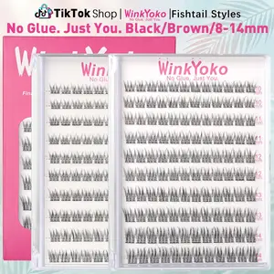 Fishtail Glue Free Lashes 8-14mm Black/Brown, WinkYoko Self Adhesive Lash Clusters, C Curl, Natural Daily, No Glue Pre-Cut Individual Eyelash Extensions, Ultra-Thin Invisible Band, Wispy Reusable, Gentle Long-Lasting, DIY Makeup at Home for Girl Gifts