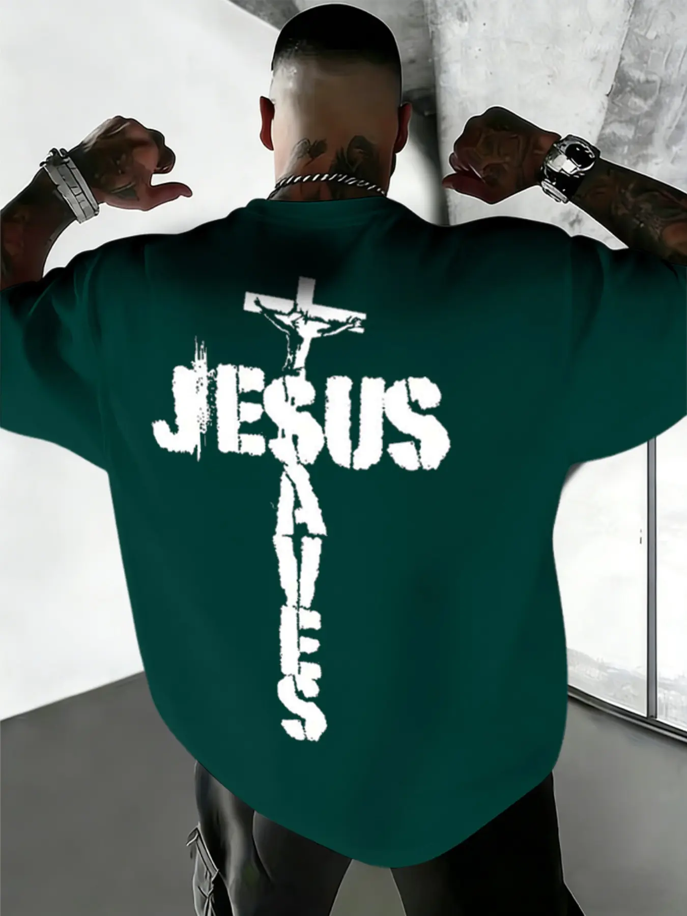 Men's American Street Jesus Cross Faith Print T-Shirt Tee, Loose-Fit Baggy Long Sleeve, Daily Wear, Casual, Streetwear, Street Style, Essential Fashion Item, Menswear