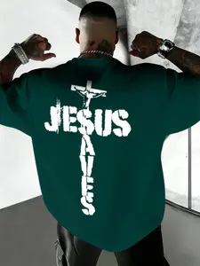 Men's American Street Jesus Cross Faith Print T-Shirt Tee, Loose-Fit Baggy Long Sleeve, Daily Wear, Casual, Streetwear, Street Style, Essential Fashion Item, Menswear