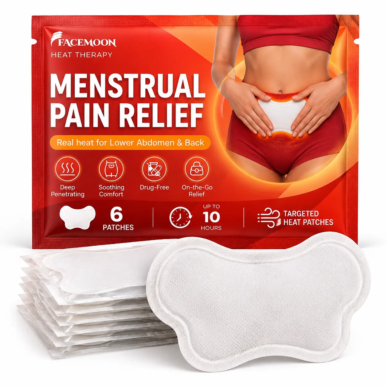 Menstrual Heating Patches - Drug-Free Heat Compress for Period Cramps & Lower Abdomen Back Pain Relief, 6 Stick-On Warming Pads, Portable Discreet Heat Wraps, Disposable, Up to 10 Hours of Relief