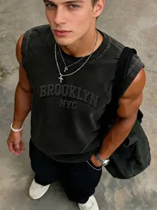 Men's Round Neck Vest with Letter Embroidery, Casual Fashion Short Sleeve T-Shirt for Outdoor Travel Party Streetwear