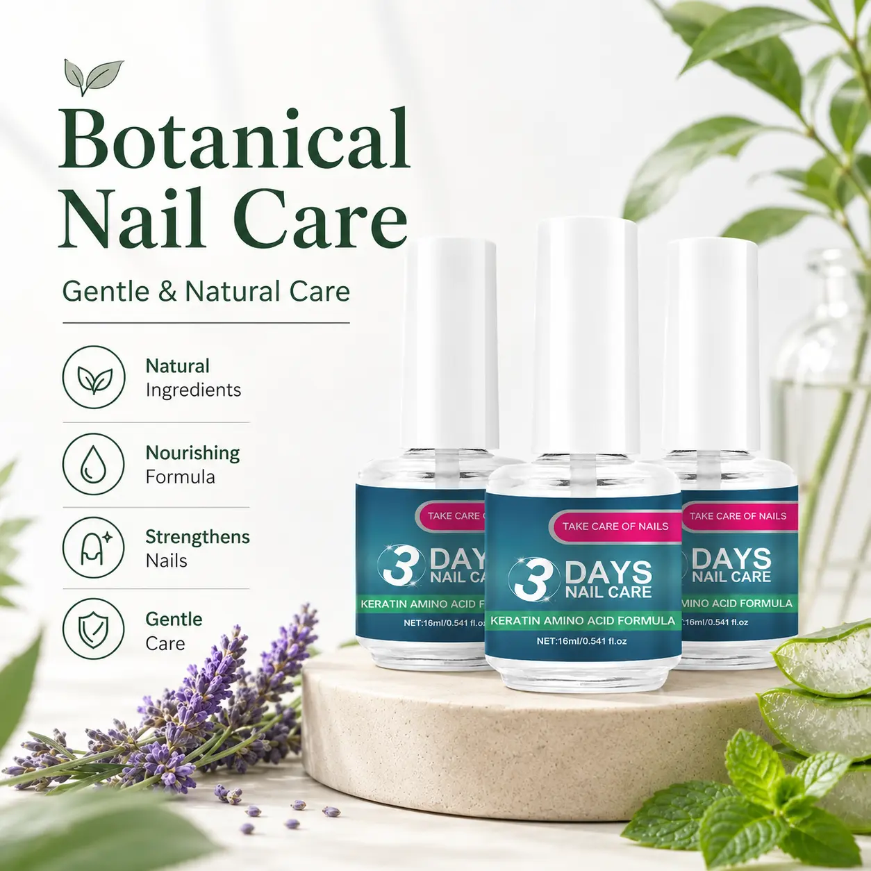 [3 bottles]ROZINO 3 Days Nail Care - Keratin Amino Acid Formula for Superior Nail Nourishment Manicure Treatment with High Brightness & Scratch Resistance 16ml
