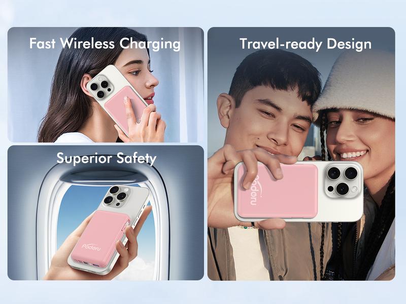 Podoru Multifunctional 10000mAh Power Bank, Wireless Magnetic Travel Charger Built-in USB C Lighting Cable, MagSafe for iPhone 17/16/15/14/13/12 Series