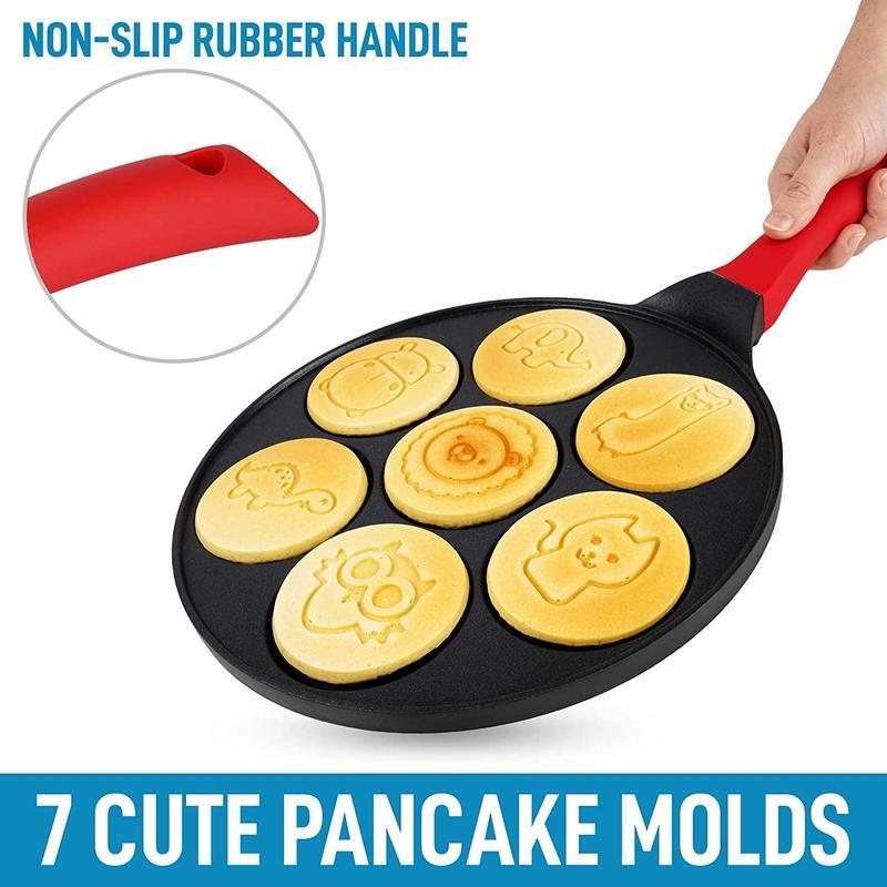 Zulay Kitchen Pancake Pan with 7 Animal Face Designs & 2 Spatulas - Round Nonstick Ceramic Griddle with Comfortable Handle for Mini Pancakes