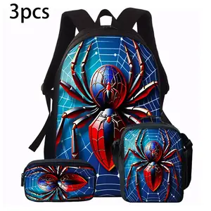 Durable Water Resistant 3-Piece Backpack Set for Kids, Lightweight School Bag with Lunch Box & Pencil Case, 600D Oxford Cloth, Breathable Padded Straps & Mesh Back, Large Capacity Fits 15-inch Laptop, Insulated Lunch Bag, Bold Red-Blue Spider & Web Print