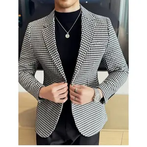 Men's Retro Houndstooth Blazer - Slim Fit, Classic Design, Two-Piece Suit, Casual Dress Wear, Sizes S-XXL, Menswear, Stylish Turtleneck & Dress Shirt Pairing