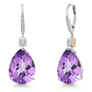 925 Silver and 10K Yellow Gold Purple Amethyst and White Moissanite and White Lab Grown Diamond Earrings For Women | 20.38 Cttw | Gemstone February Birthstone | Pear Shape Checkerboard 18X13MM