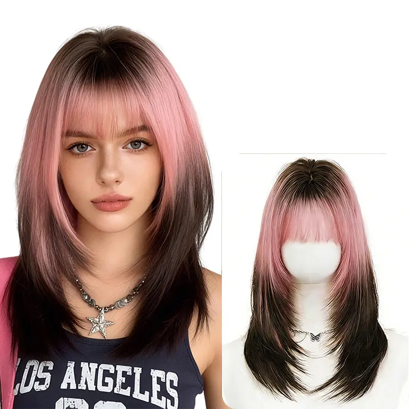 Lotfon Women's Ombre Wigs, Straight Pink to Black Synthetic Hair, Non-Adhesive 20-Inch Medium-Long Cut with Adjustable Cap, Stylist Friendly, Stylist Friendly Wig, 20 Inches, Female, Glueless, Heat Resistant, Pink To Black Ombre, 7 Ounces