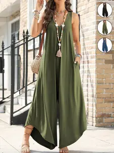 Women Casual Loose Fit Sleeveless Ruched V Neck Flared Wide Leg Overall Jumpsuits Womenswear With Pockets Casual Summer Elegant，Comfortable and Stylish One-Piece, Perfect for Daily Wear and Relaxing Days