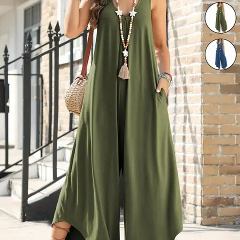Women's Casual Summer Loose Fit Sleeveless Overalls, Elegant Ruched V Neck Flared Wide Leg Jumpsuits with Pockets, Comfortable and Stylish One-Piece, Perfect for Daily Wear and Relaxing Days, Stretchy Pocket Jumpsuit