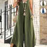 Women's Casual Summer Loose Fit Sleeveless Overalls, Elegant Ruched V Neck Flared Wide Leg Jumpsuits with Pockets, Comfortable and Stylish One-Piece, Perfect for Daily Wear and Relaxing Days, Stretchy Pocket Jumpsuit