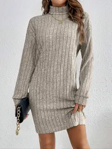 Women's Turtleneck Long Sleeve Knitted Dress Casual Solid Color Pullover Sweater Dress