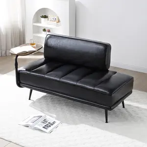 Small Modern Loveseat Couch Sofa, Leather Upholstered 2-Seat Sofa, Love Seat Furniture with 360-Degree Swivel Tray,  Modern End of Bed Bench, Black Metal Leg for Small Space, Living Room, Bedroom, Apartment (Black)