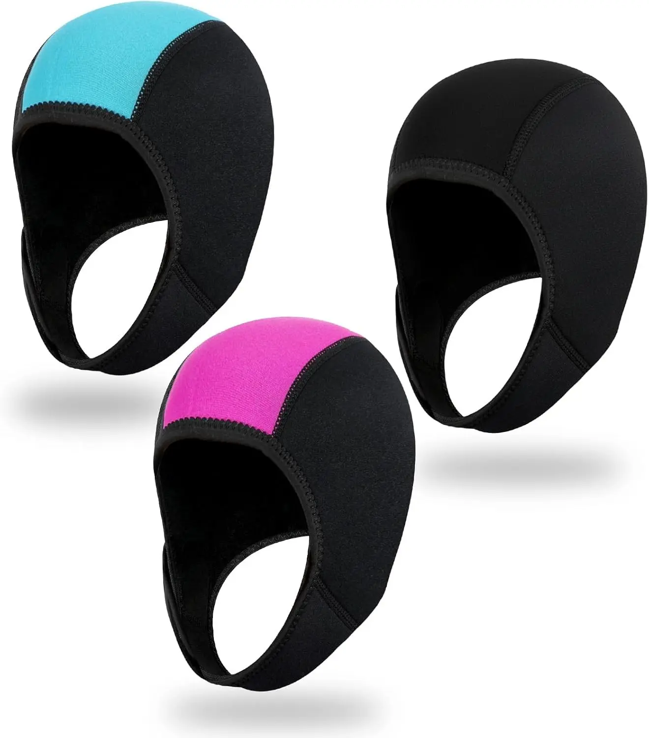 3 Pcs Neoprene Diving Hood, Thermal Wetsuit Hood Cap Swim Caps with Chin Straps Neoprene Surf Beanie Diving Headgear for Men Women, for Snorkeling Sailing and Other Water Sports, Blue Pink Black