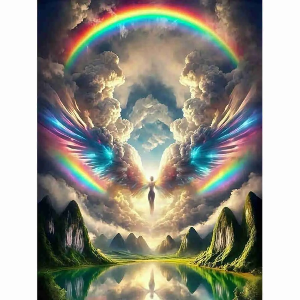 Rainbow Angel with Cloud Wings Diamond Painting Kit, Mystical Spiritual Sky & Mountain Landscape, 5D Full Drill Round & Square Rhinestone Cross Stitch, Ethereal Fantasy Art, Calm Zen Home Decor, Angel Lover DIY Craft Gift