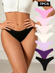 7pcs No VPL Women's V-Shape Invisible Thong Panties, Seamless Pure Color Underwear, Comfortable & Breathable Yoga Lingerie