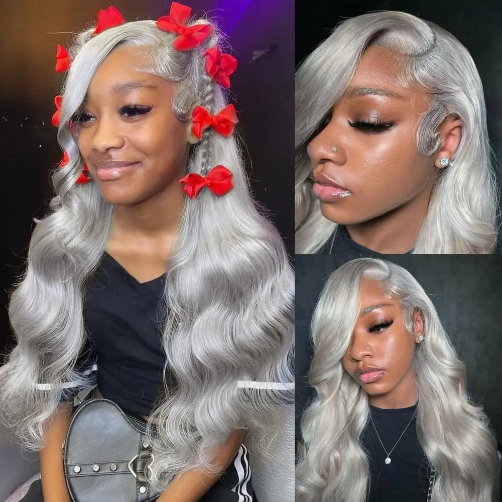 KingSup Hair Grey Wig Human Hair Body Wave 13X6 Transparent Lace Front Human Hair Wigs 180 Density Brazilian Human Hair Lace Frontal Wig Colored Silver Grey Lace Wigs For Women