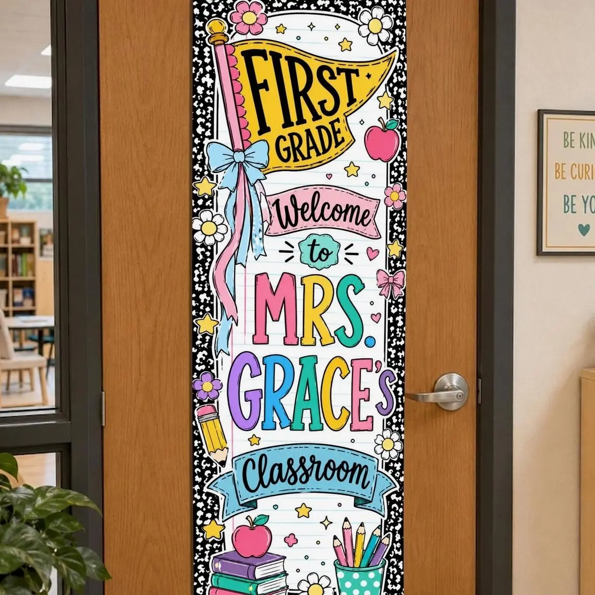 Personalized First Grade Teacher Pennant Flag Door Linen Tapestry Classroom Welcome Sign