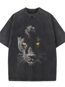Women's 100% Cotton Vintage Wash Panther Print T-Shirt, Short Sleeve Crew Neck Tops for Streetwear Look,summervibes