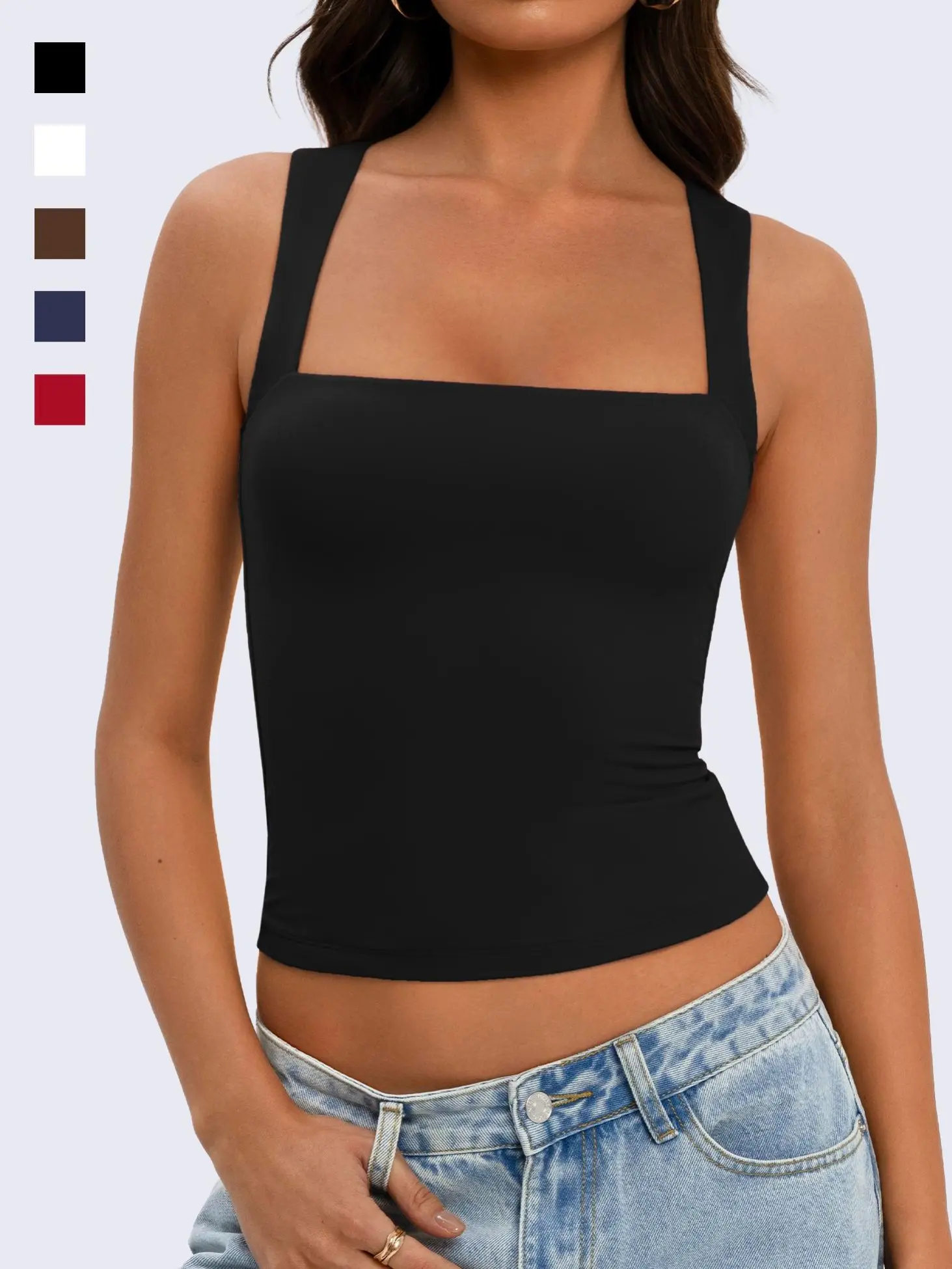 WIETRY Women's Square Neck Tank Top, Double Lined Slim Fit Y2K Basic Sleeveless Cami, Stretchy Everyday Casual Top