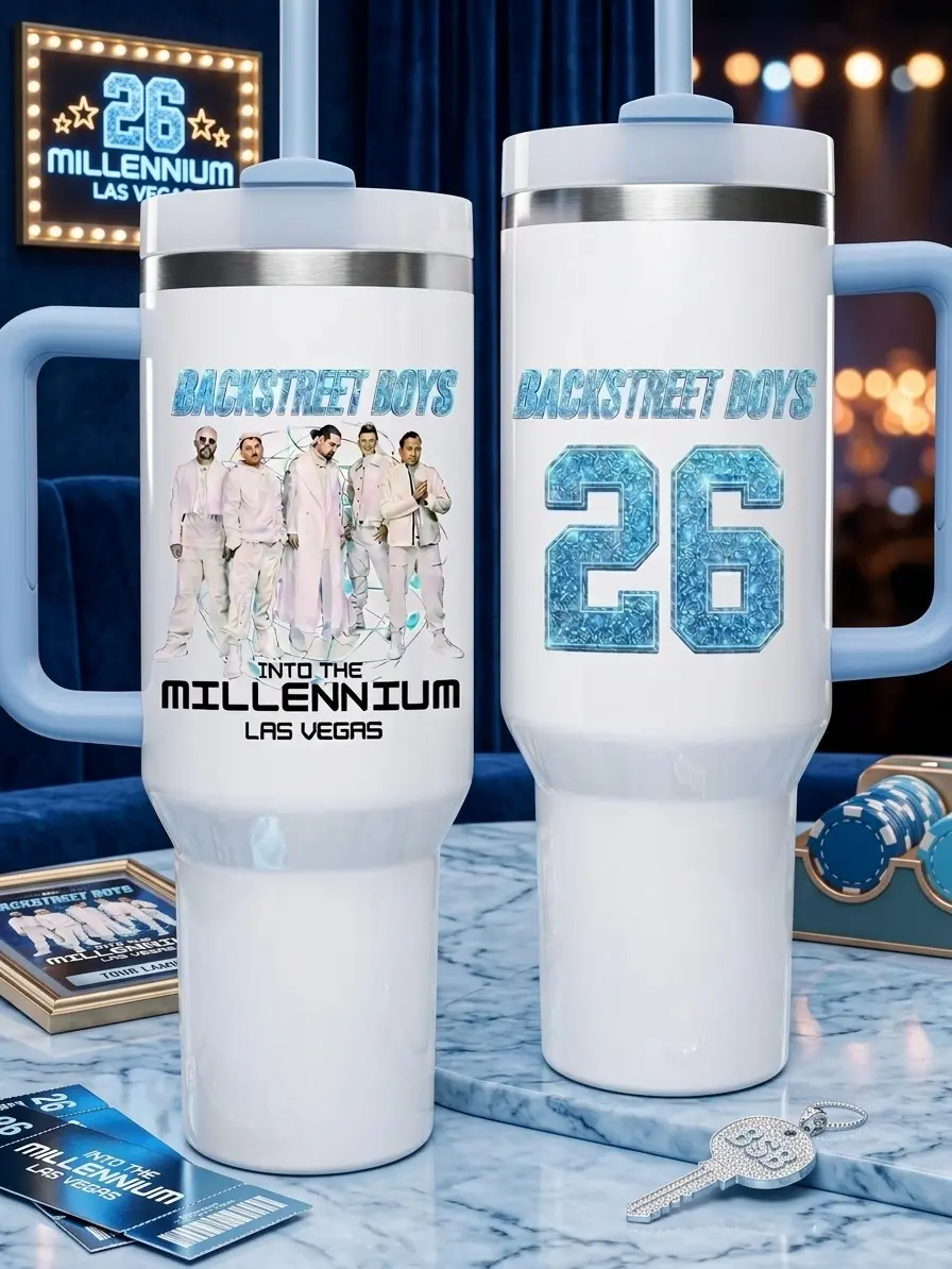 Backstreet Boys Tumbler 30oz 40oz with Handle, Into The Millennium Las Vegas 26 Music Fan Cup, Blue White Concert Travel Mug Gift, Straw Not Included