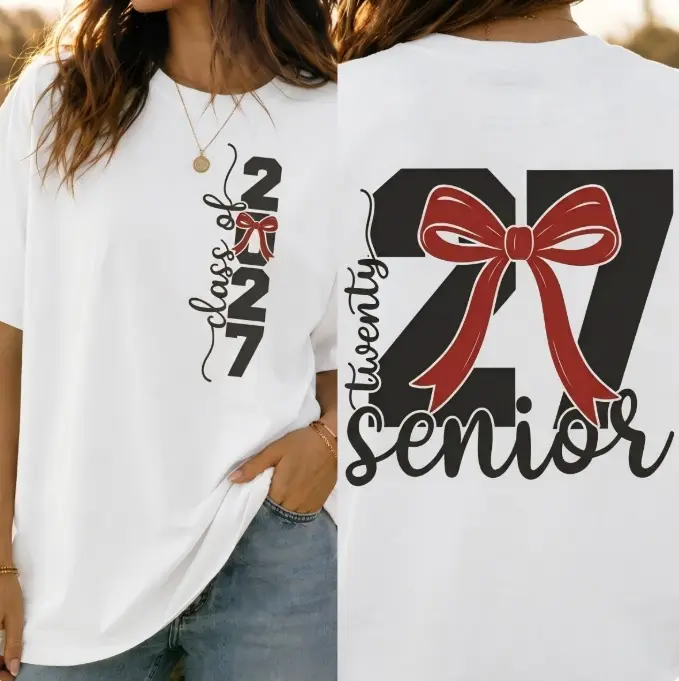 Dual Side Graduation Script Number Red Bow Senior Quote Tiny Front Bow Logo Big Back Grad Season Cotton Tee Summer Cool 100% School Casual Daily Outfit
