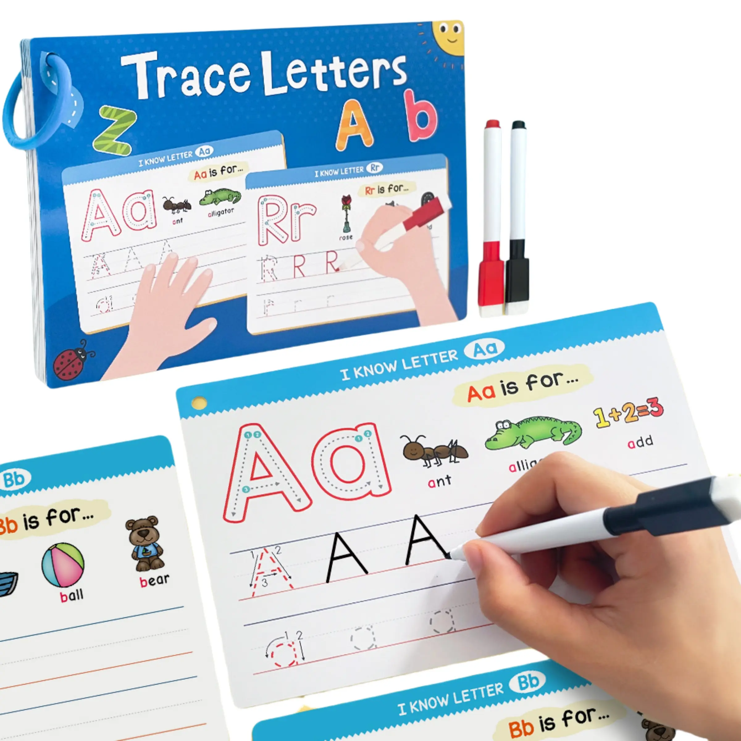 16 Pack Reusable Tracing Cards for Preschool Kids, Preschool Learning Tool, Alphabet and Number Writing Practice, Early Learning Cards with 2 Control Pens, Flashcards Learning Alphabet