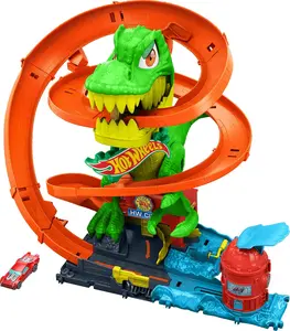 Hot Wheels Toy Car Track Set, City T-Rex Blaze Battle Playset & 1:64 Scale Die-Cast Vehicle, 18” Tall, Multiple Race Outcomes, Spinning Dinosaur Eyes