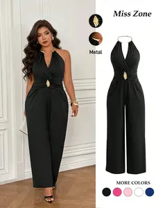Women's Plus Size Jumpsuit Metal Halter V-Neck Ruched Waist Wide Leg Pants Rompers Elegant Evening Party Wedding Guest Trendy