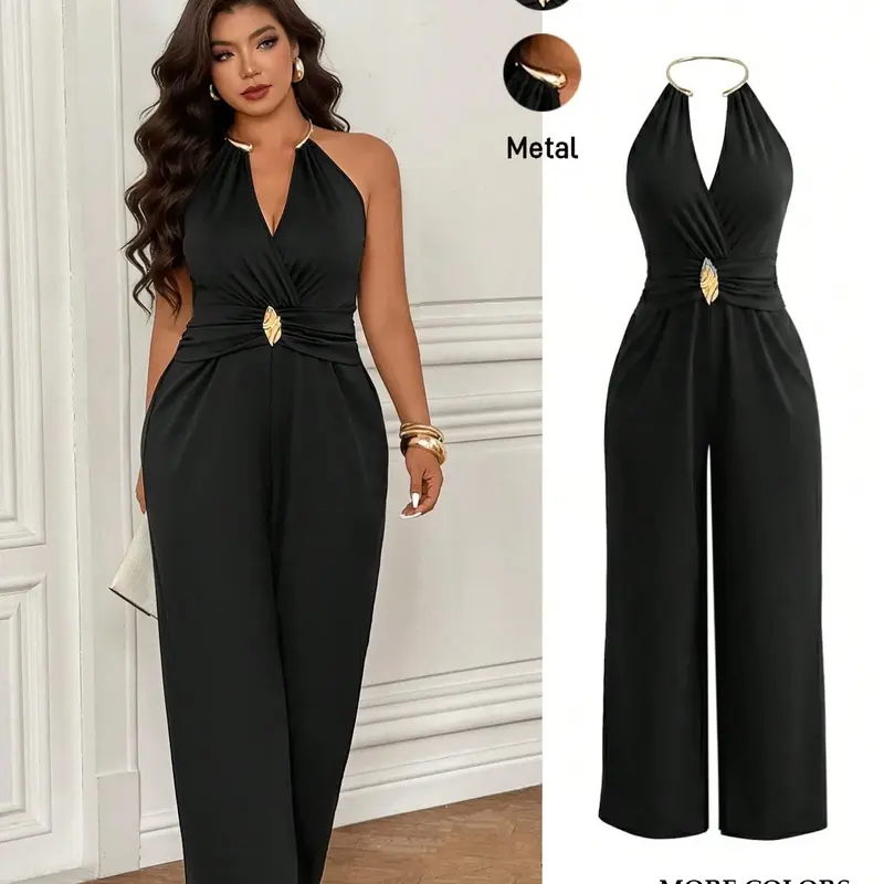 Women's Plus Size Plain Ruched Jumpsuit Metal Halter V-Neck Ruched Waist Wide Leg Pants Rompers Elegant Formal Evening Party Wedding Guest Trendy Chic Fashionable Jumpsuit