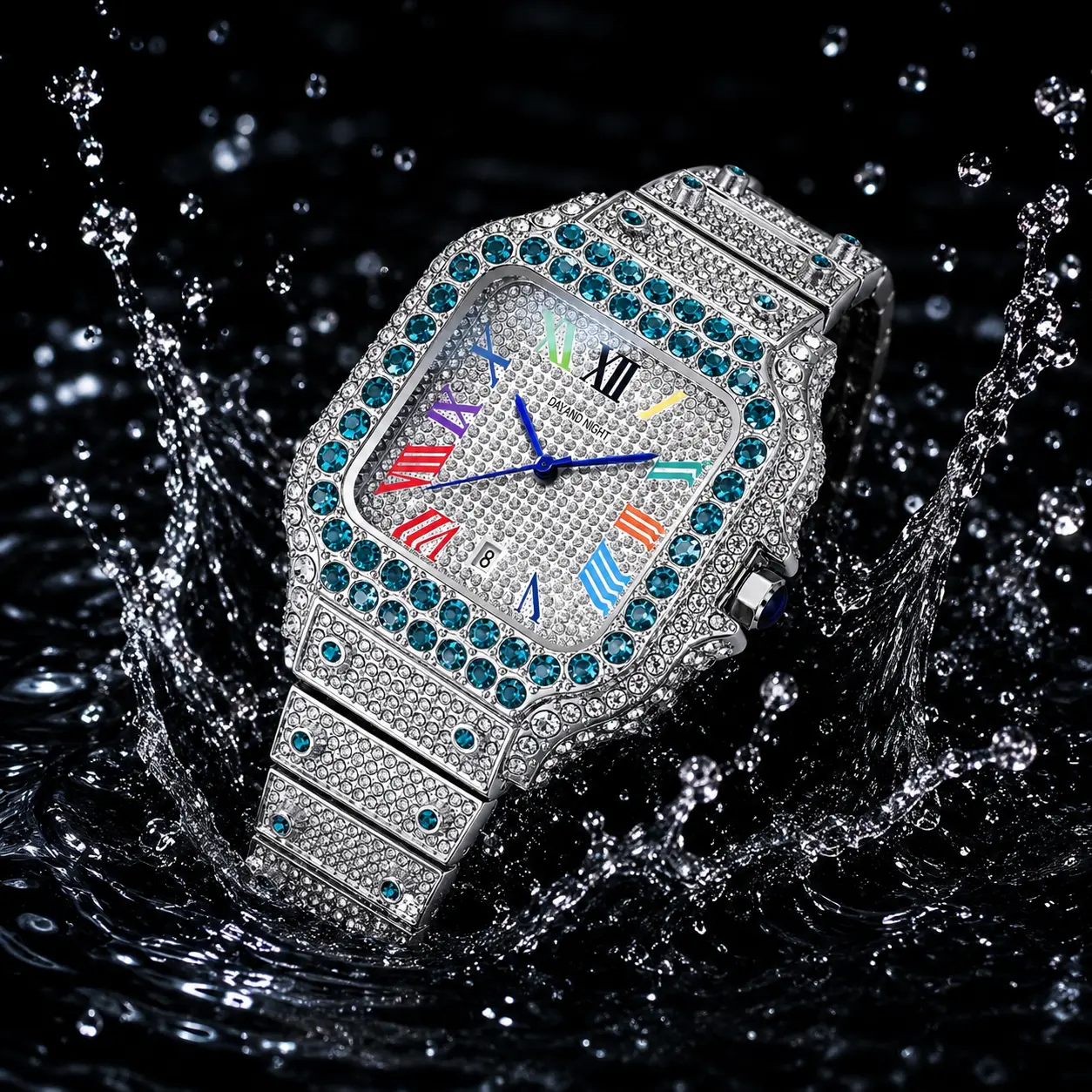 Men's 42mm Blue Iced Out Square Watch, Diamond Style Quartz Wrist Watch, Waterproof Hip Hop Luxury Watch