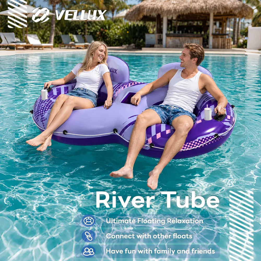 2-Person Pool Floats Lounger for River Tubing, Heavy-Duty PVC Flotation Device for Couples & Friends, Connectable with Cup Holders & Handles, 660 lbs Capacity, Connecting Buckles, Dual-Person Shared Design, Double Cup Holders