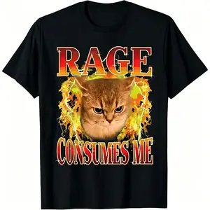 "Rage Consumes Me" Angry Cat Meme T-Shirt for Men, Pure Cotton Graphic Tee, Classic Crew Neck Short Sleeve, Humorous Statement Streetwear Top for Daily & Summer Wear funny