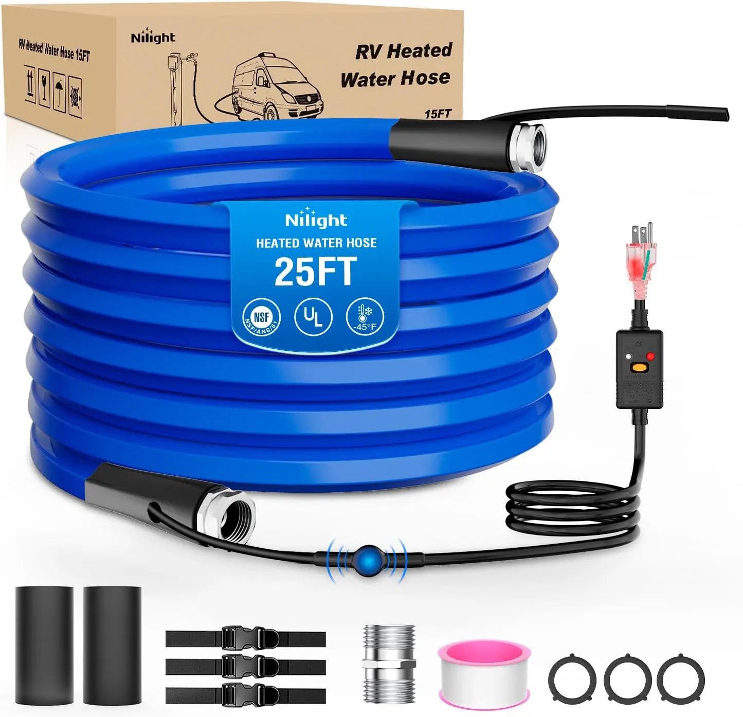 Nilight 25FT Heated Flexible Water Hose, 5/8” Inside Diameter Water Pipes, -45°F Freeze Protection Antifreeze Drinking Hose for RV Winter Camper Supply, with Energy-Saving Thermostat & Smart Heat System Portable Hose