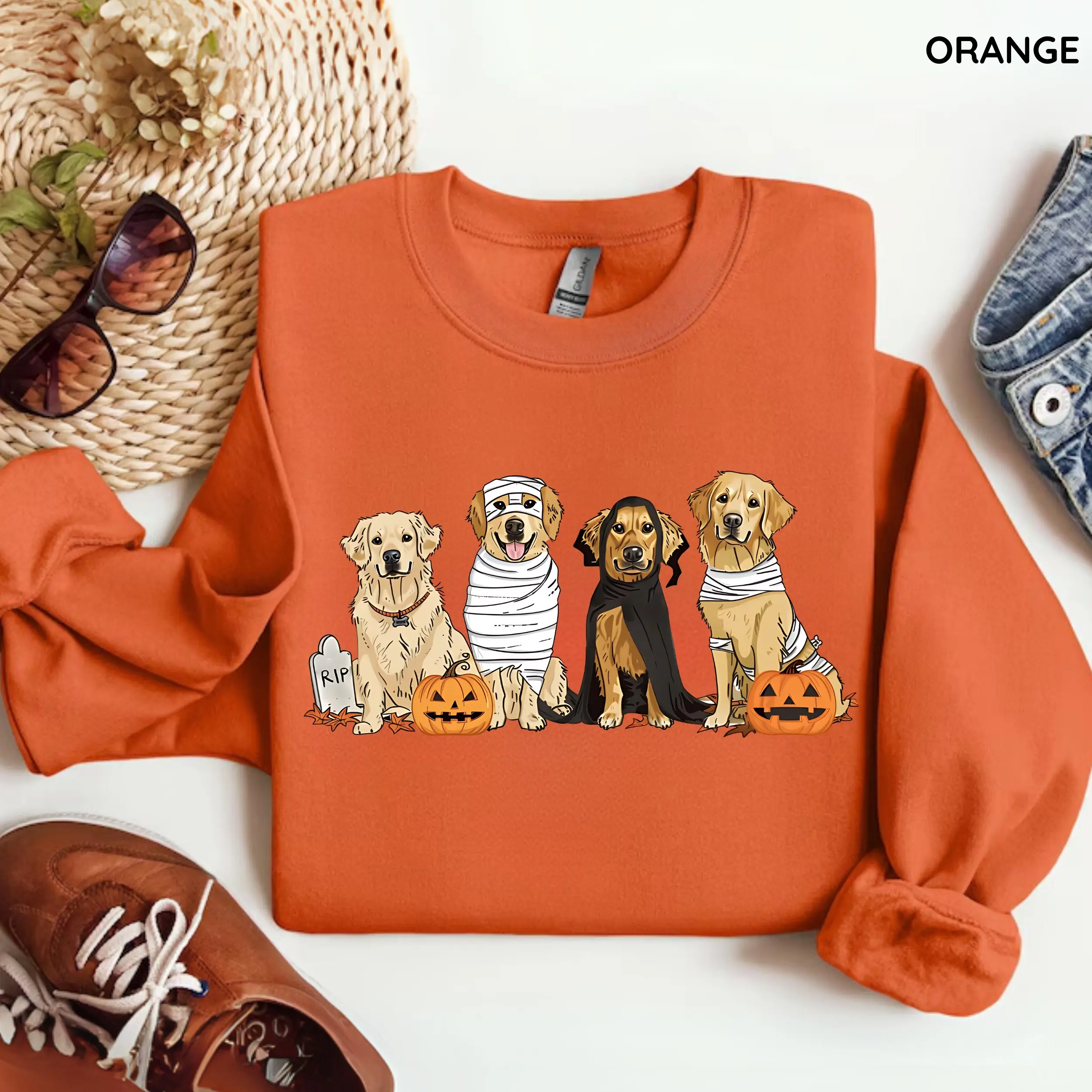 Gildan Halloween Golden Retriever Sweatshirt, Halloween Dog Crewneck, Golden Mama Sweatshirt, Gift For Dog Lovers, Trendy Gift For Halloween