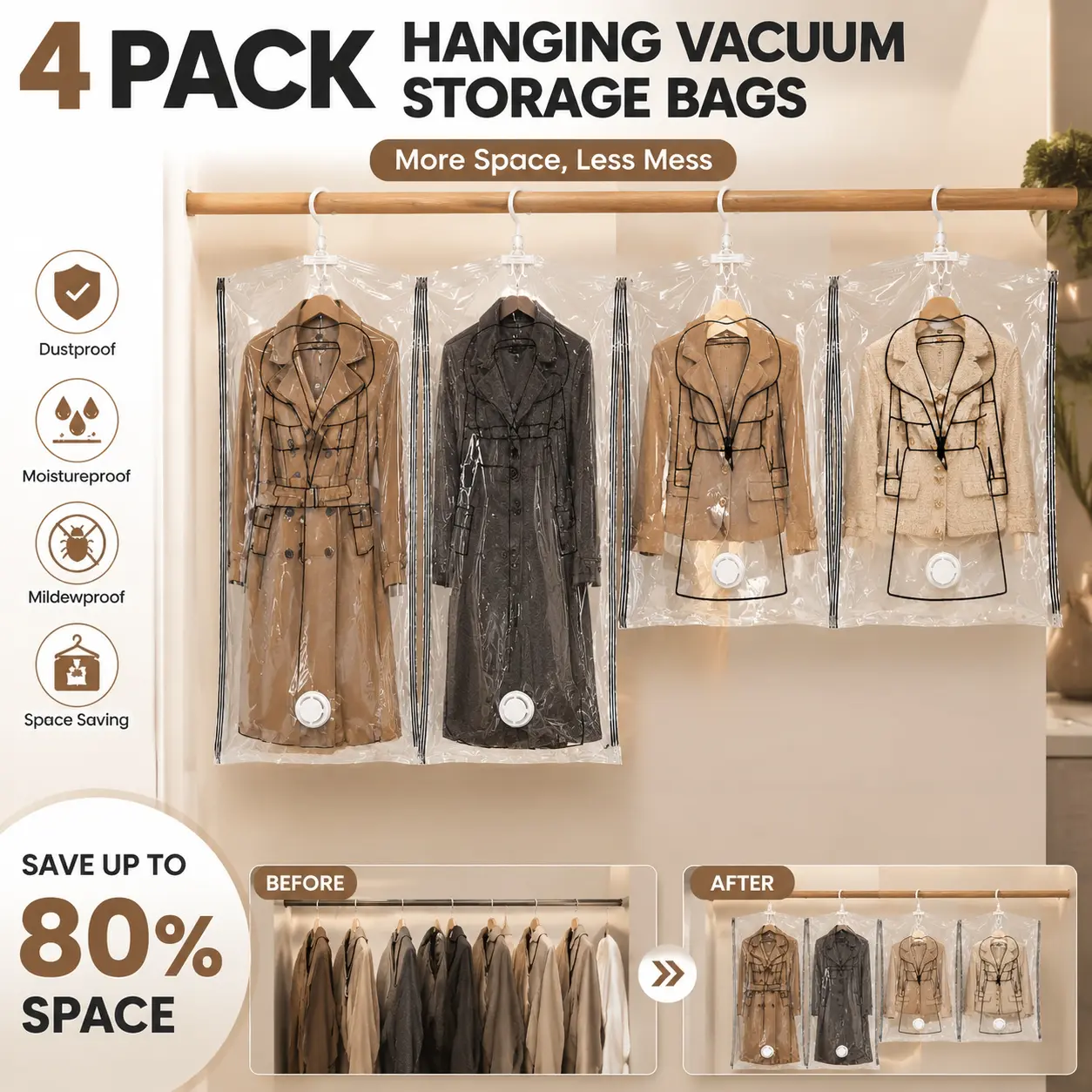 4 Pack Hanging Vacuum Storage Bags, Save 80% Space Clothing Organizer Bags, Vacuum Compression Garment Bags for Closet, Dustproof Moistureproof Storage Solution for Coats, Jackets & Dresses