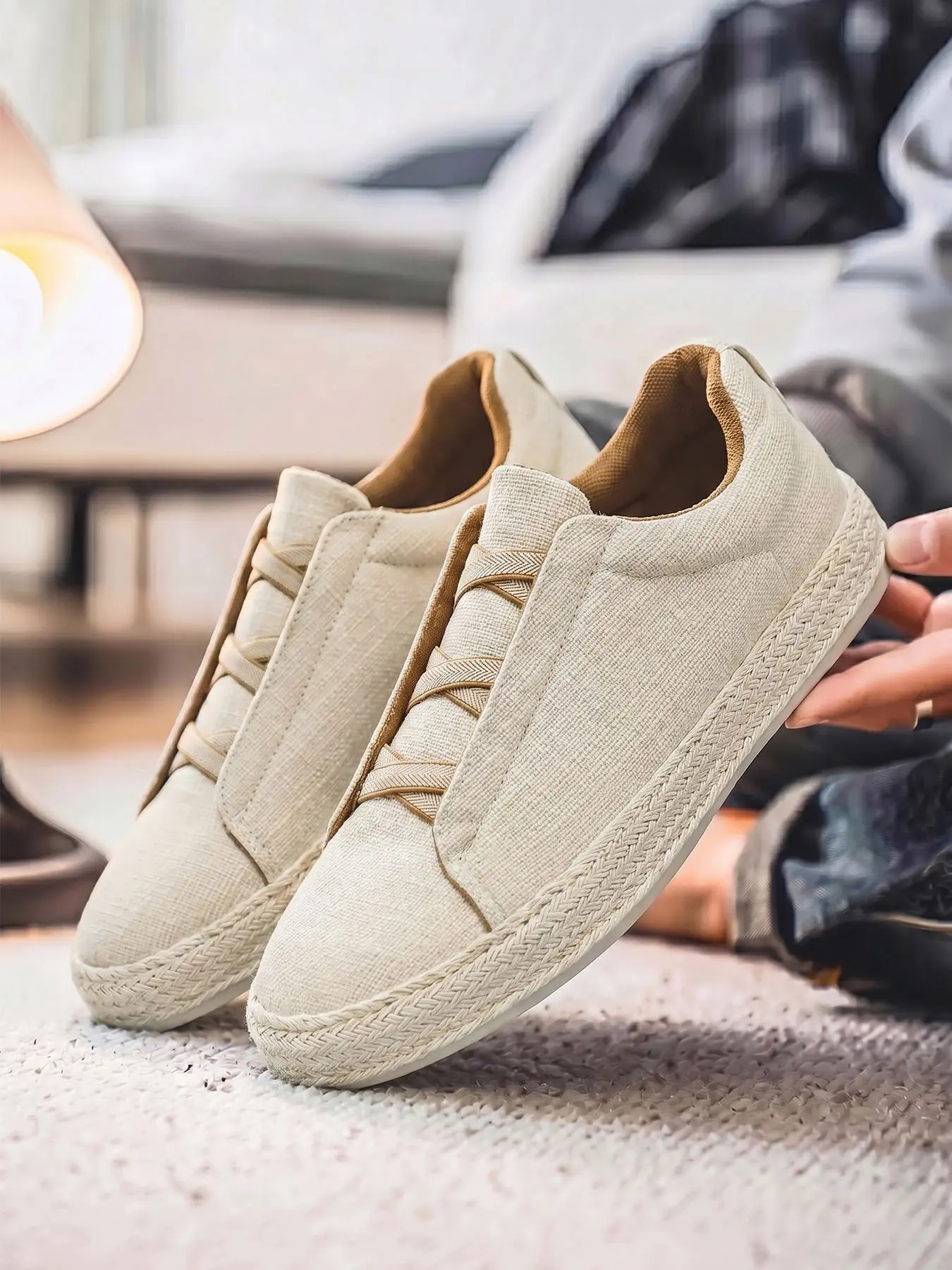 Men's Minimalist Hemp-Woven Espadrilles, Breathable Linen Casual Shoes for Summer, No-Tie Slip-On Footwear