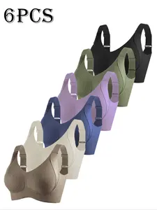 Women's Wireless Push-up Bra Set, Wide Strap Simple Design, Suitable for All Seasons, Comfortable Medium Wirelss Bras, Pack Of 6, Casual Underwear