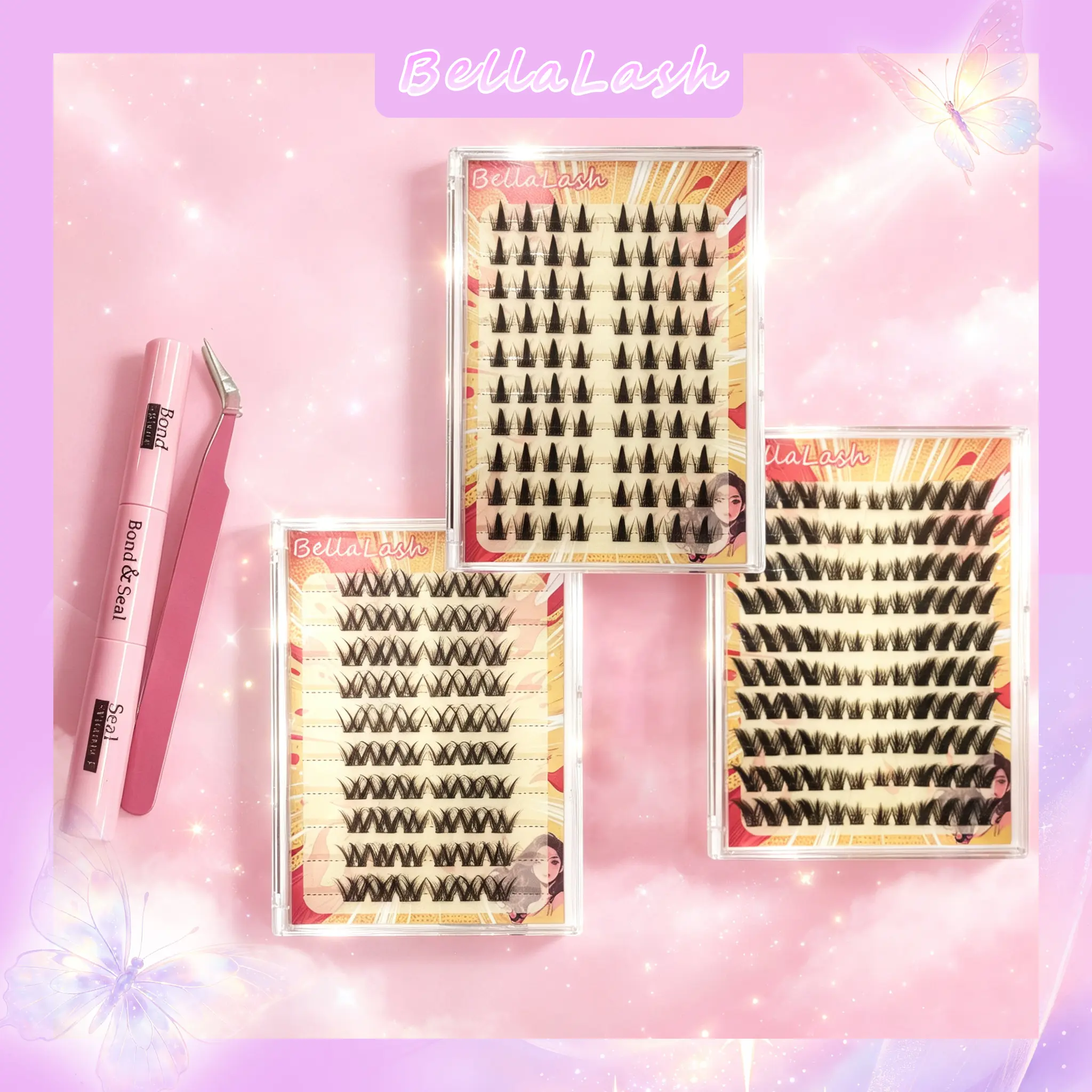 Bella lash 3-Box False Eyelash Set with Glue — DIY false lashes, natural soft waterproof reusable extensions, curled, for home use, easy application makeup beauty dense false eyelashes glue set Cosmetic