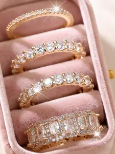 4 Pieces/Set Luxury Band Rings for Women & Men Artificial Zirconia Stackable Engagement Rings Daily Date Wear Womens Jewellery Birthday Anniversary Gift