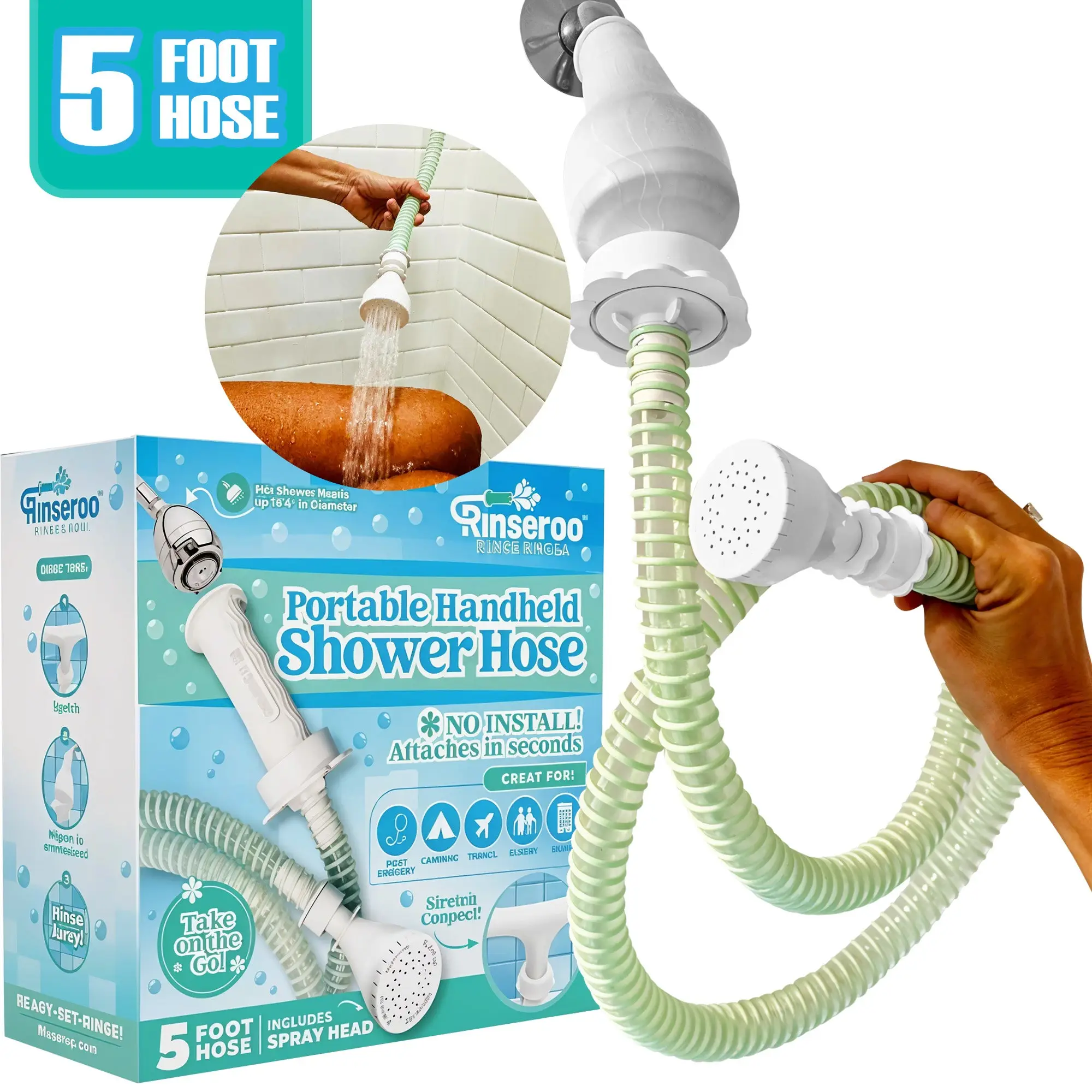 Rinseroo Portable Handheld Shower Hose - 5 Foot Pressure Showerhead for Easy Accessible Bathing - Universal Compatibility & Gravity Work - Ideal for S