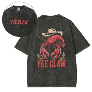 Funny Crawfish Boil Gift  Seafood Food Meme T-Shirt,"Yee Claw" Cowboy Crawfish Double Sided Oversized Washed T-Shirt, Western Country Graphic Tee
