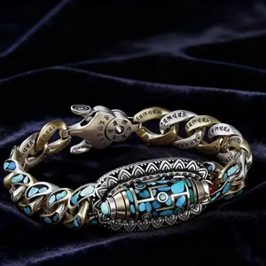 Men’s Turquoise & Nine-Eyed Dzi Bead Bracelet – Tibetan Rotating Design   Six-Word Mantra Meditation Good Luck Amulet for Daily Wear