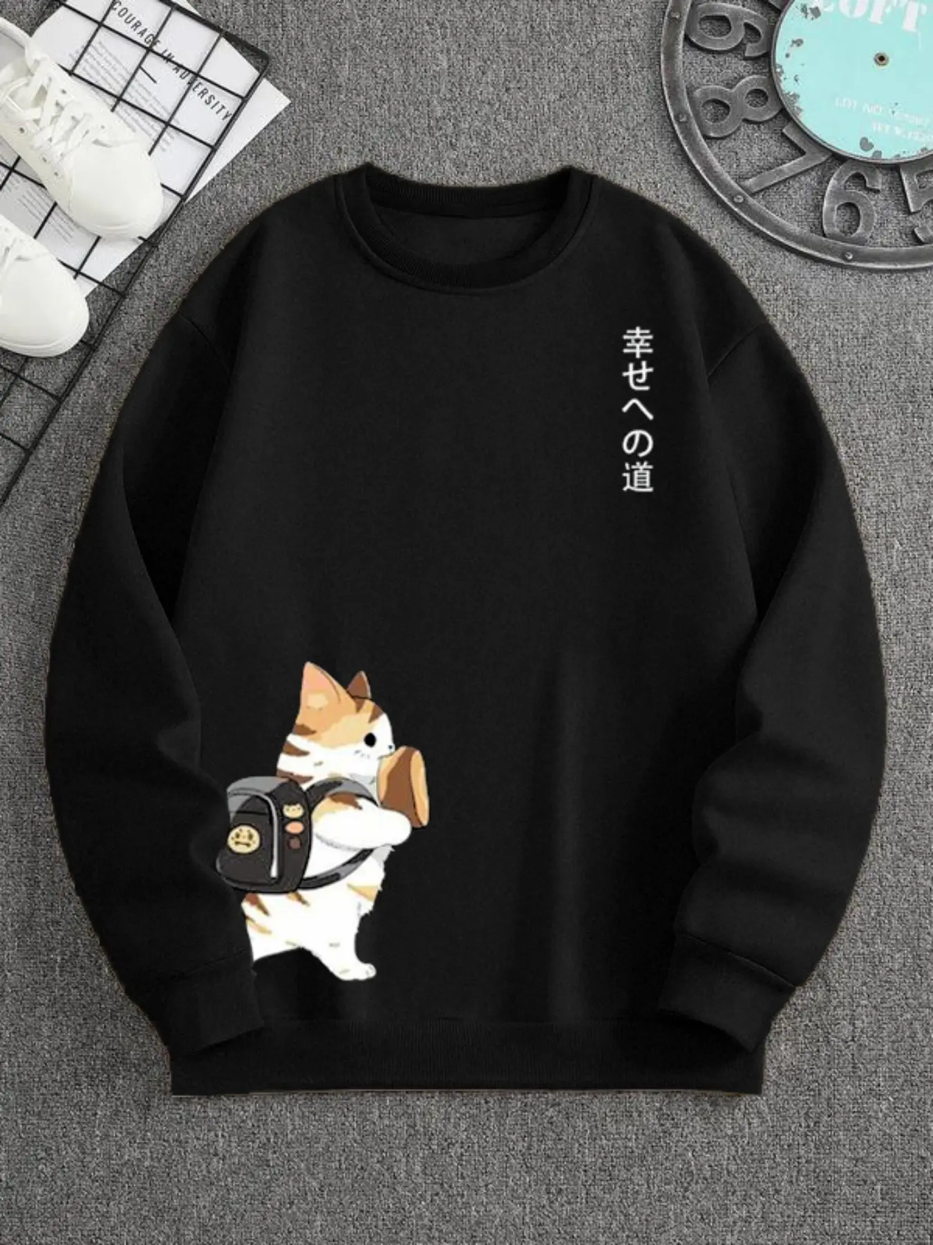 Men's Fun Cat Print Long Sleeve Pullover Sweatshirt, Casual Daily Wear, Basic Fitted Style, Thick Knit Kint Fabric, Fall & Winter Essential, Knitwear