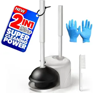 2 in 1 Toilet Brush and Plunger Set, Extended Handle Plunger,Toilet Bowl Brush Plunger Set,Gap Brush,Cleaning Gloves,Bathroom Cleaning Tools,Toilet Brush Plunger Combo,Light Grey