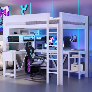 Wood Full Size Gaming Loft Bed with Desk, Storage Shelves, LED and Charging Station, White(ETA:10.3)
