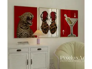 Red Gallery Wall Art Set – 3 Posters Y2K Decor, Red Leopard Print, Apartment Decor, Wall Art