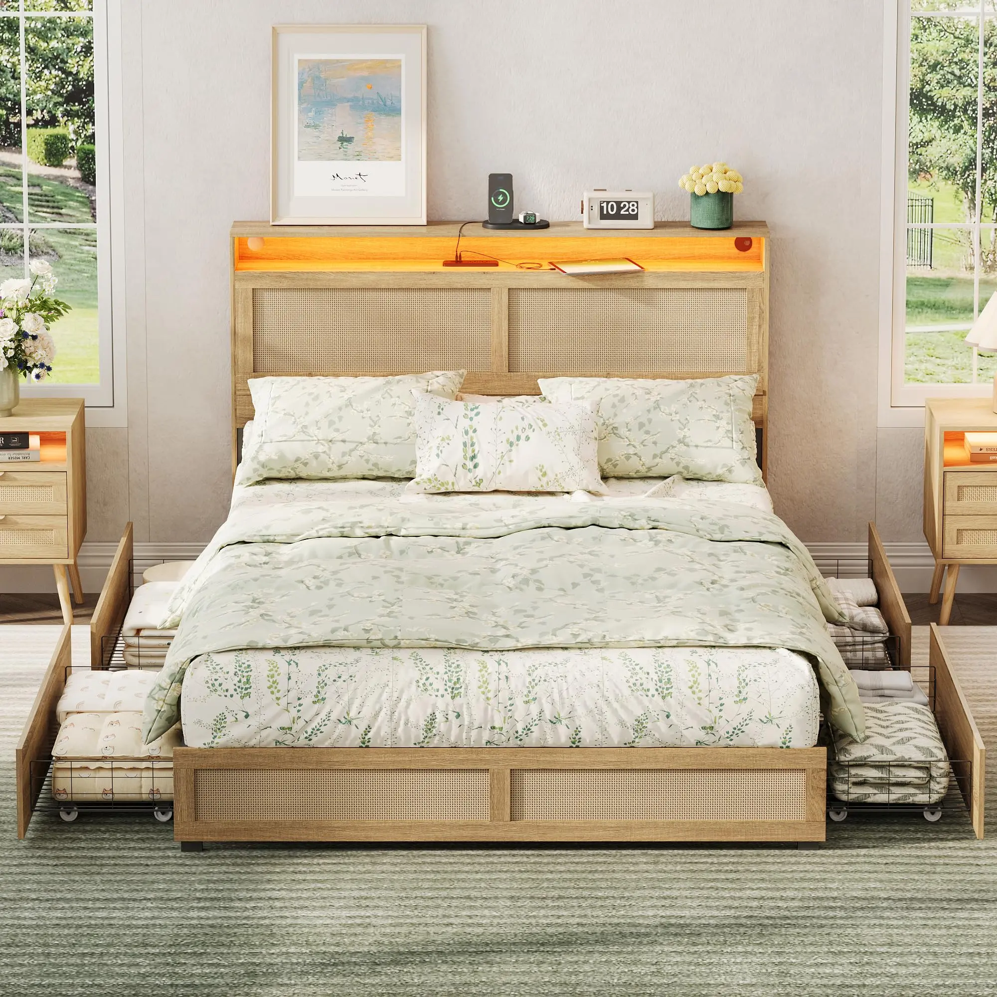 [Summergarden] Vabches Boho Bed Frame with Rattan Hidden Storage Headboard, LED Light and 4 Drawers, Charging Station, Metal Platform Bed, No Box Spring Needed