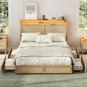 Vabches Boho Bed Frame with Rattan Hidden Storage Headboard, LED Light and 4 Drawers, Charging Station, Metal Platform Bed, No Box Spring Needed
